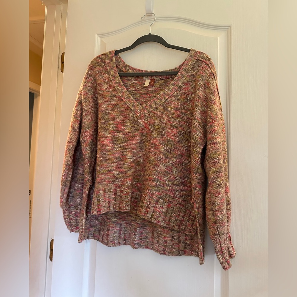 Pilcro Multicolor V-Neck Sweater in Pink and Cream
